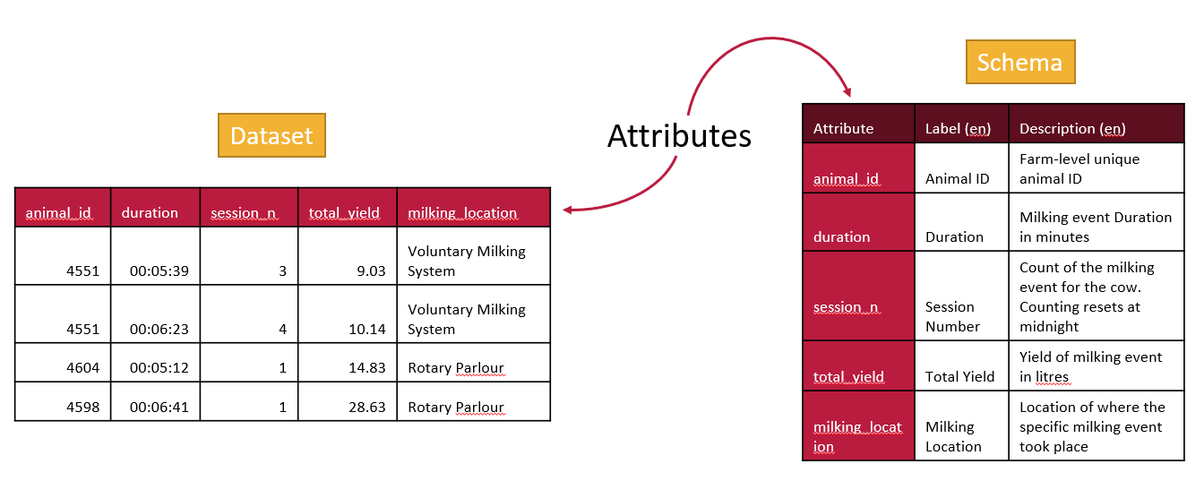 A table representation of the schema of an associated data table.